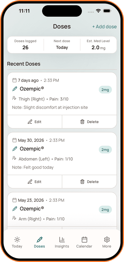 Dosio dose history showing logged medication, amount, injection site, pain score, and notes