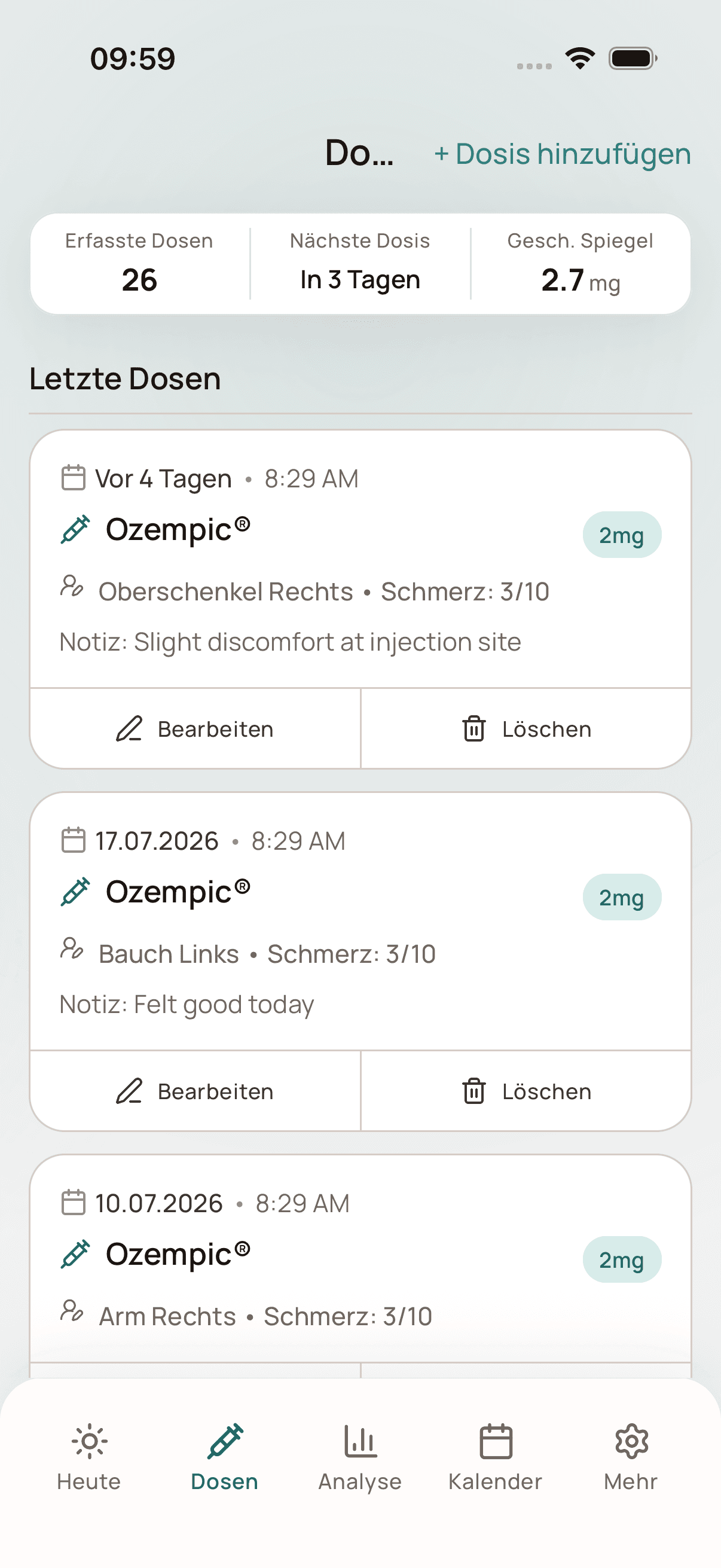 Dosisverlauf. Halte Zeitpunkt, Menge, Injektionsstelle und Notizen vollständig fest, damit deine Zeitleiste verlässlich bleibt.