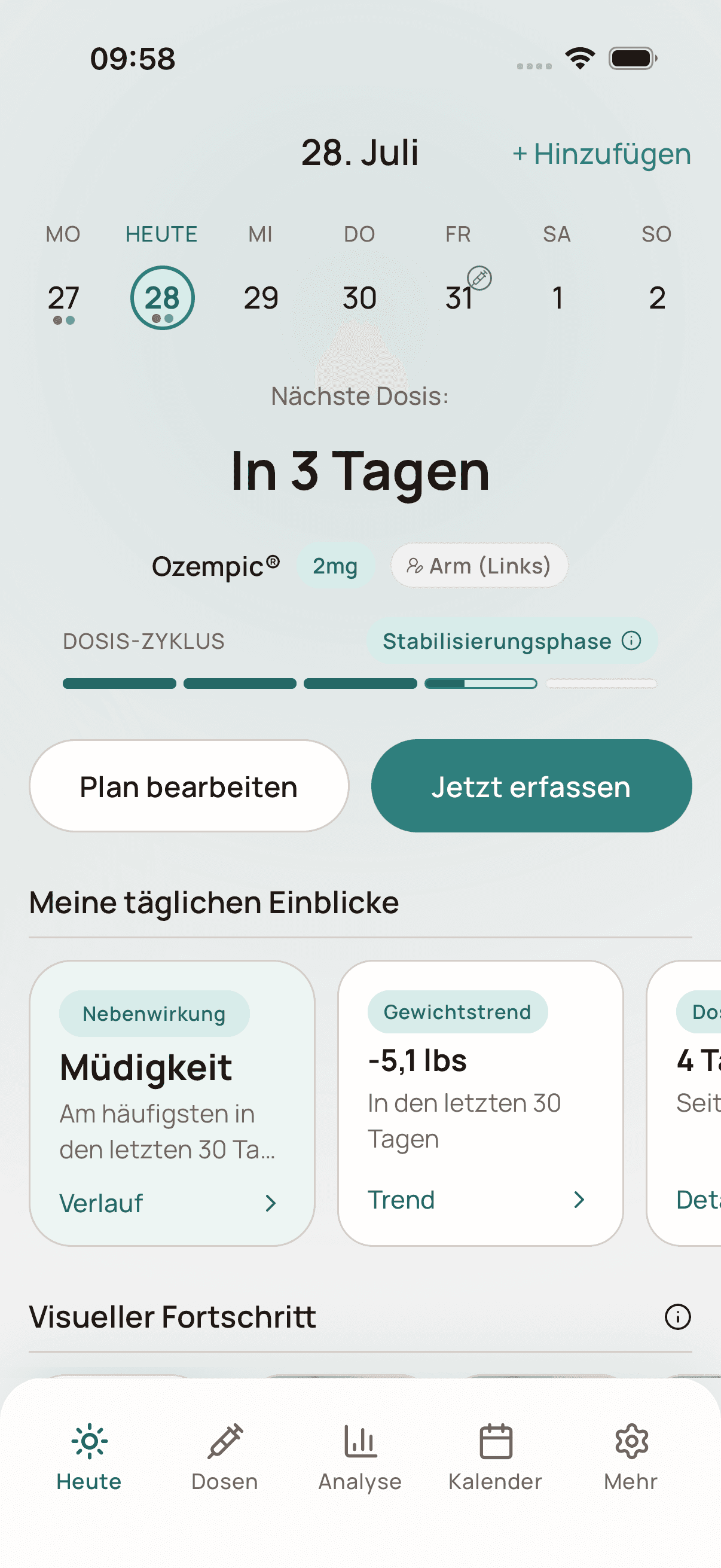 Dosio-Heute-Ansicht auf Deutsch mit nächster Dosis und Dosiszyklus