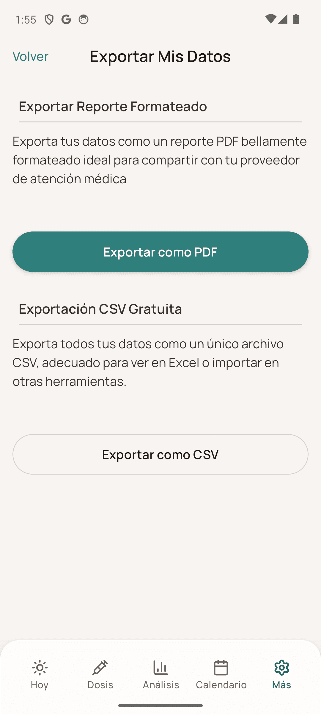 Pantalla de exportación de Dosio en español en Android con opciones PDF y CSV