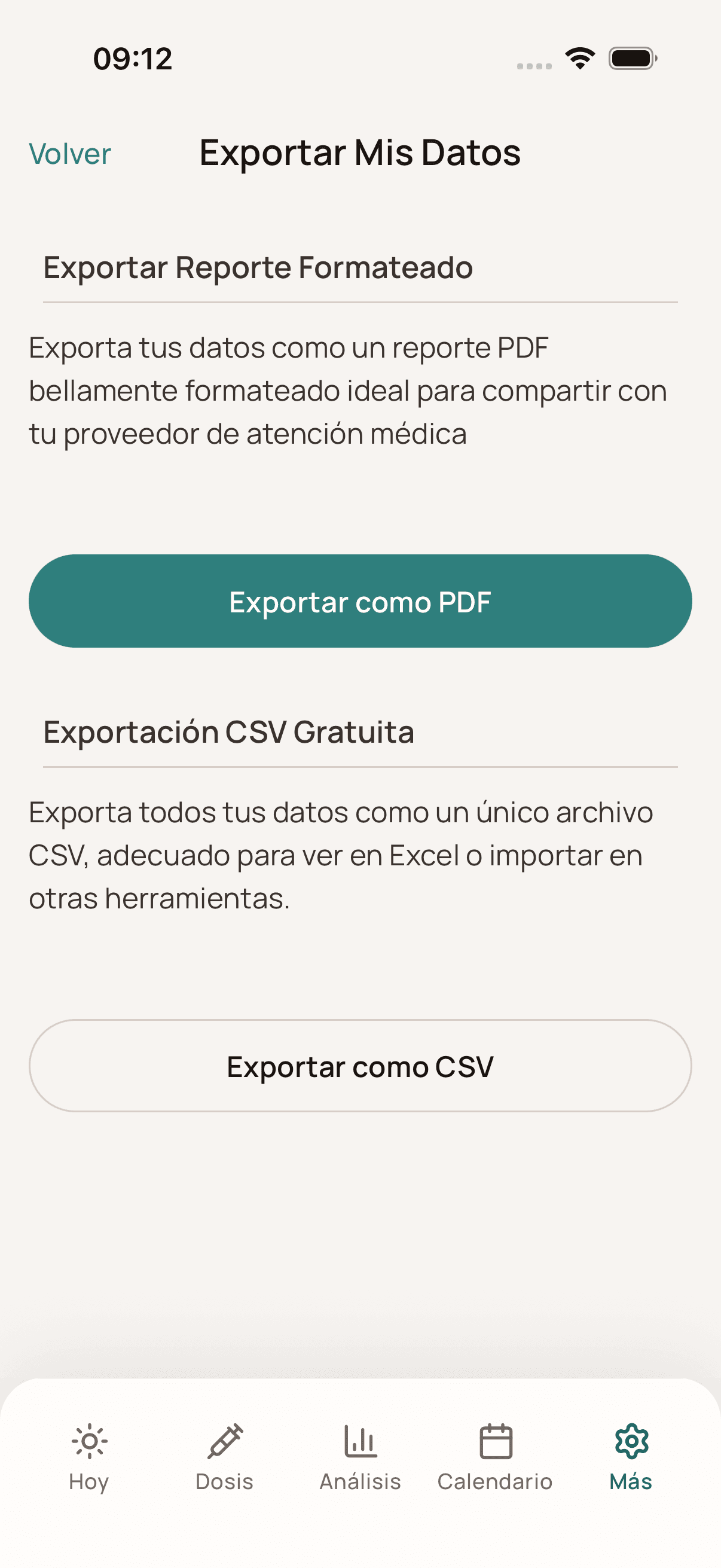 Pantalla de exportación de Dosio en español en iPhone con opciones PDF y CSV