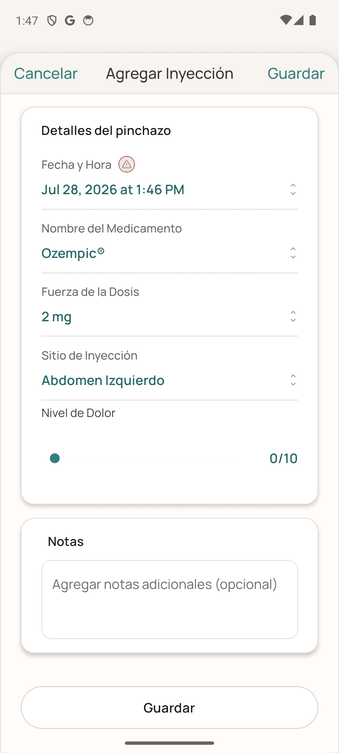 Formulario de registro de una inyección GLP-1 en español en Android