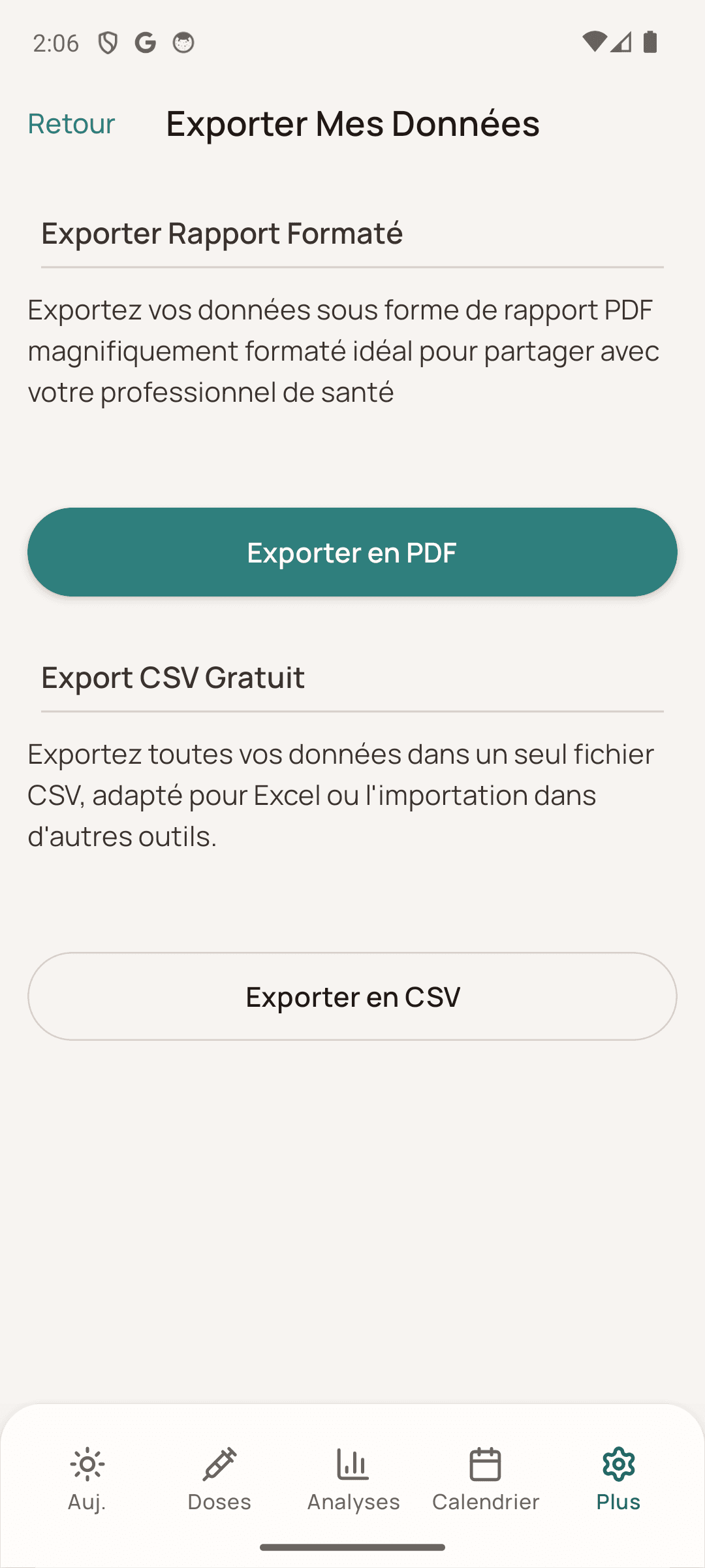 Écran d’export Dosio en français sur Android avec options PDF et CSV