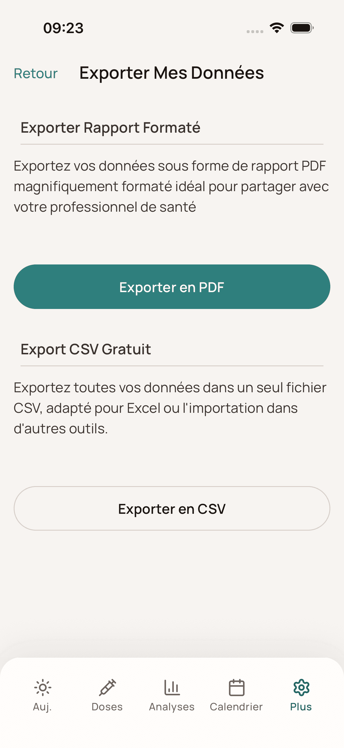 Écran d’export Dosio en français sur iPhone avec options PDF et CSV