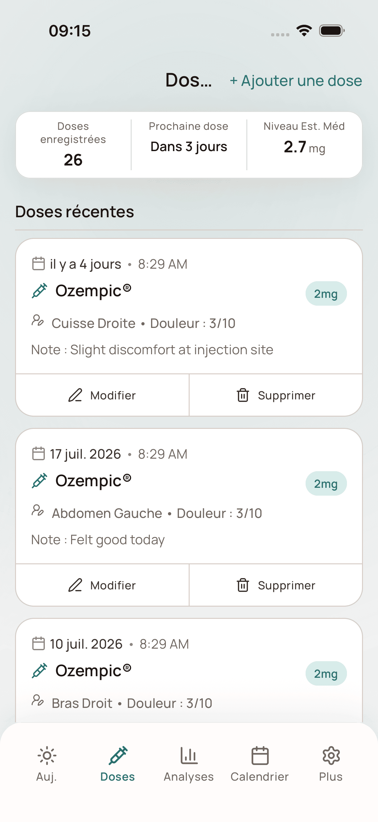 Historique des doses. Conservez un historique complet des horaires, quantités, sites d’injection et notes pour garder une chronologie précise.