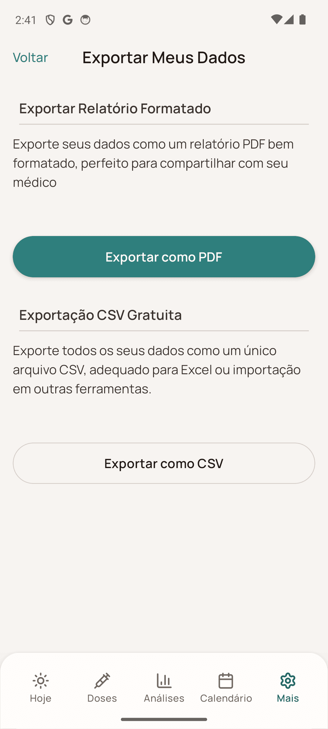 Tela de exportação do Dosio em português no Android com opções PDF e CSV