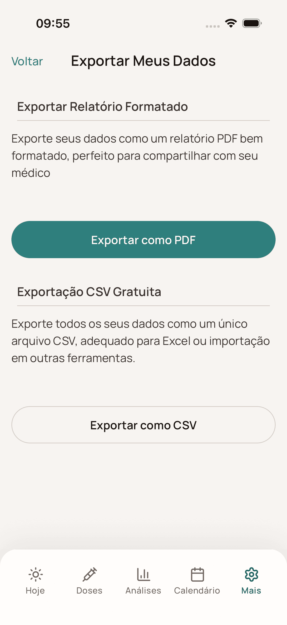 Tela de exportação do Dosio em português no iPhone com opções PDF e CSV