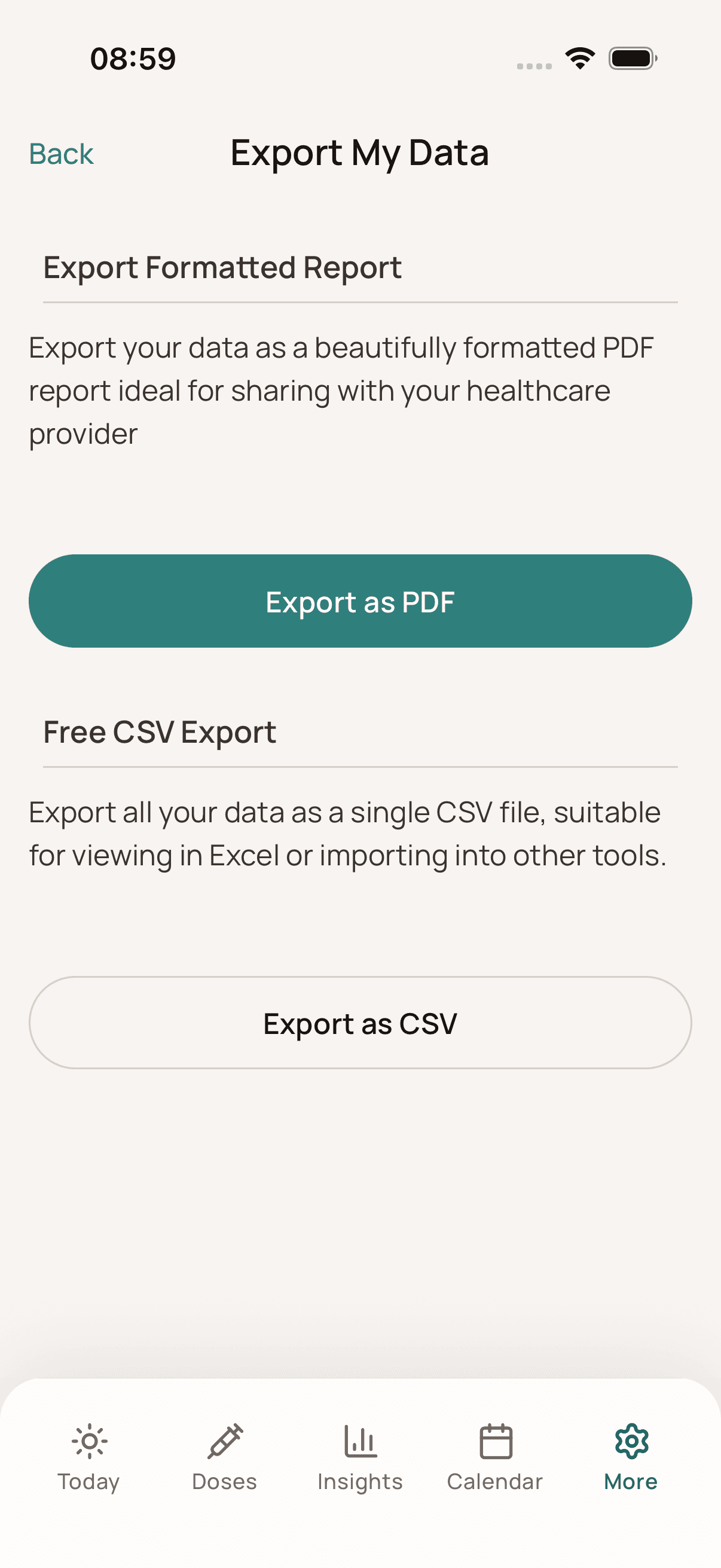 Dosio export screen with formatted GLP-1 PDF report and free CSV export options