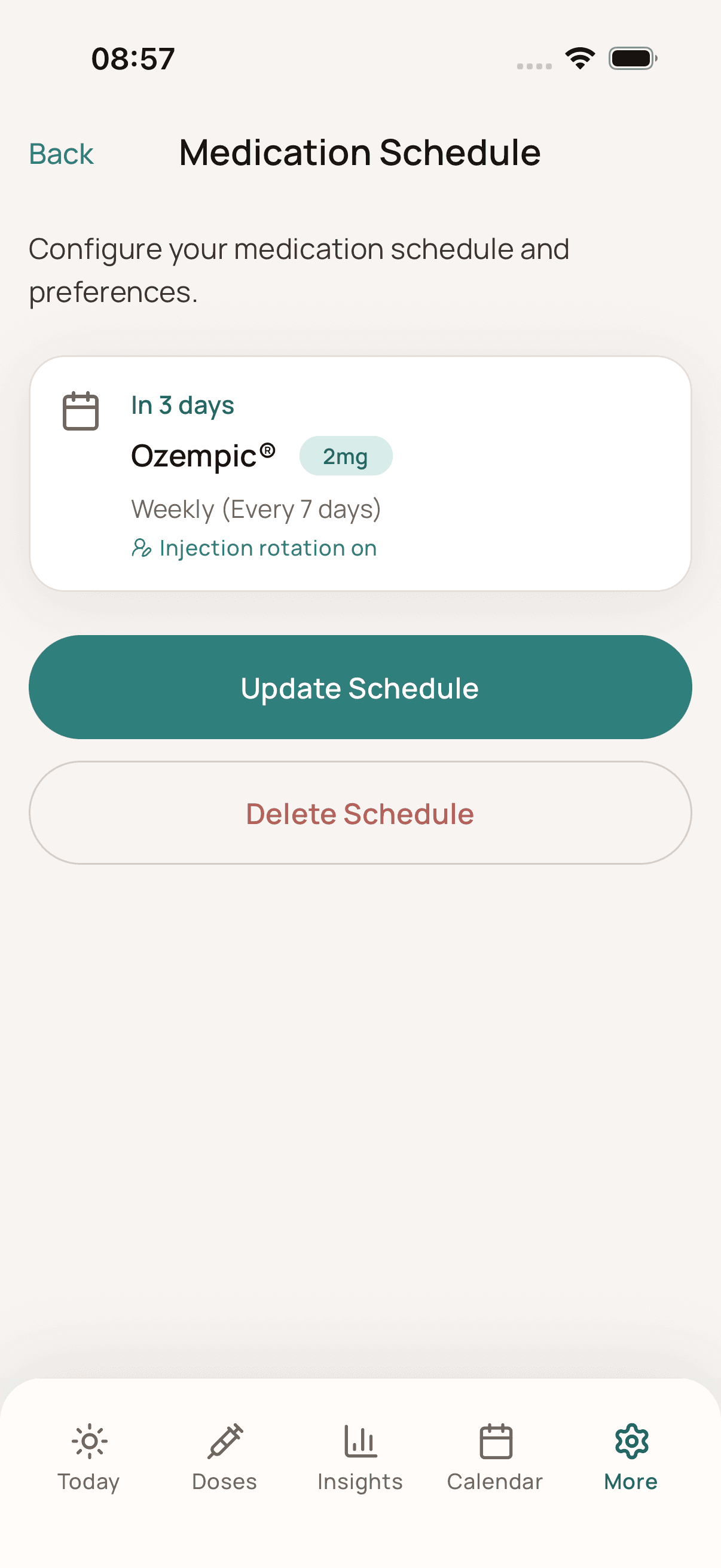 Dosio medication schedule showing the next Ozempic dose and injection rotation setting