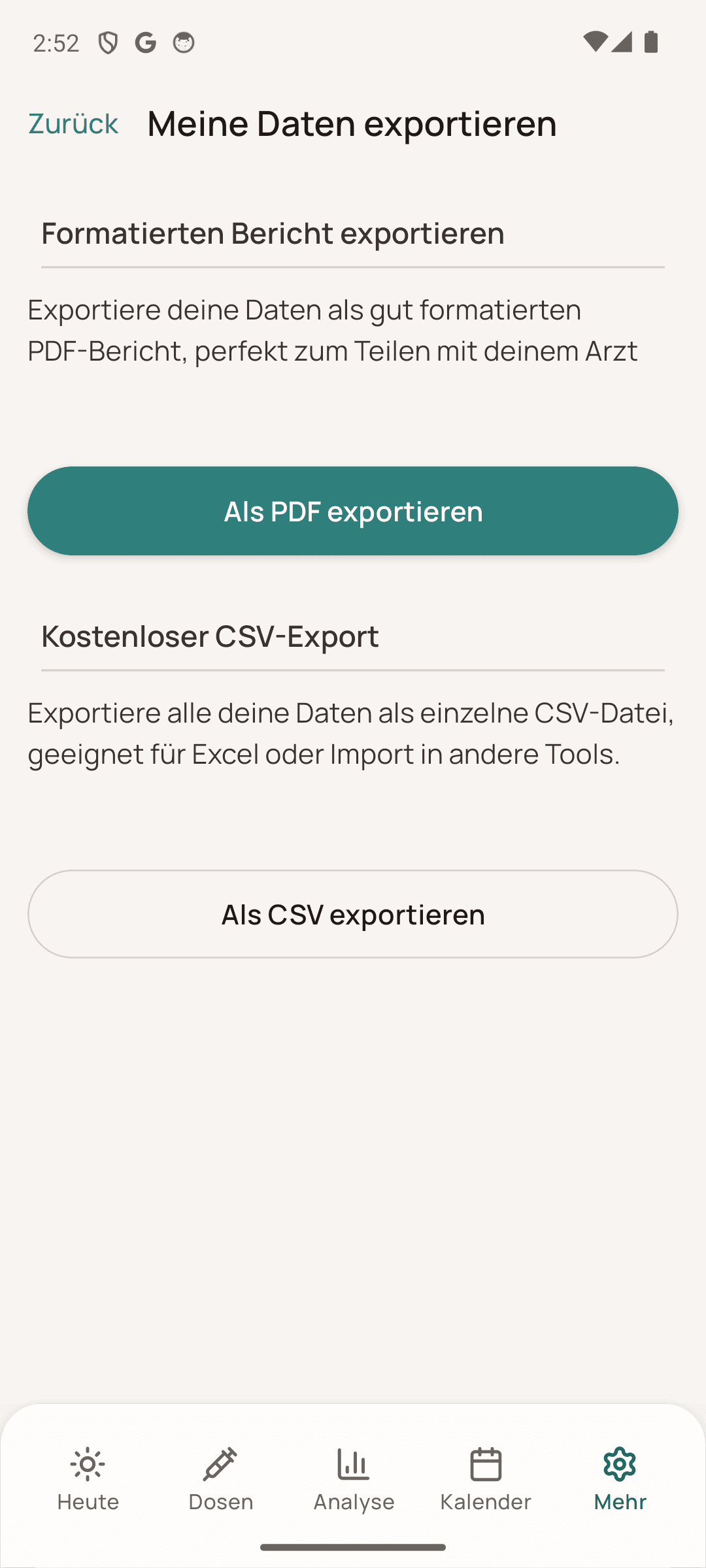 Dosio-Exportansicht auf Deutsch auf Android mit PDF- und CSV-Optionen
