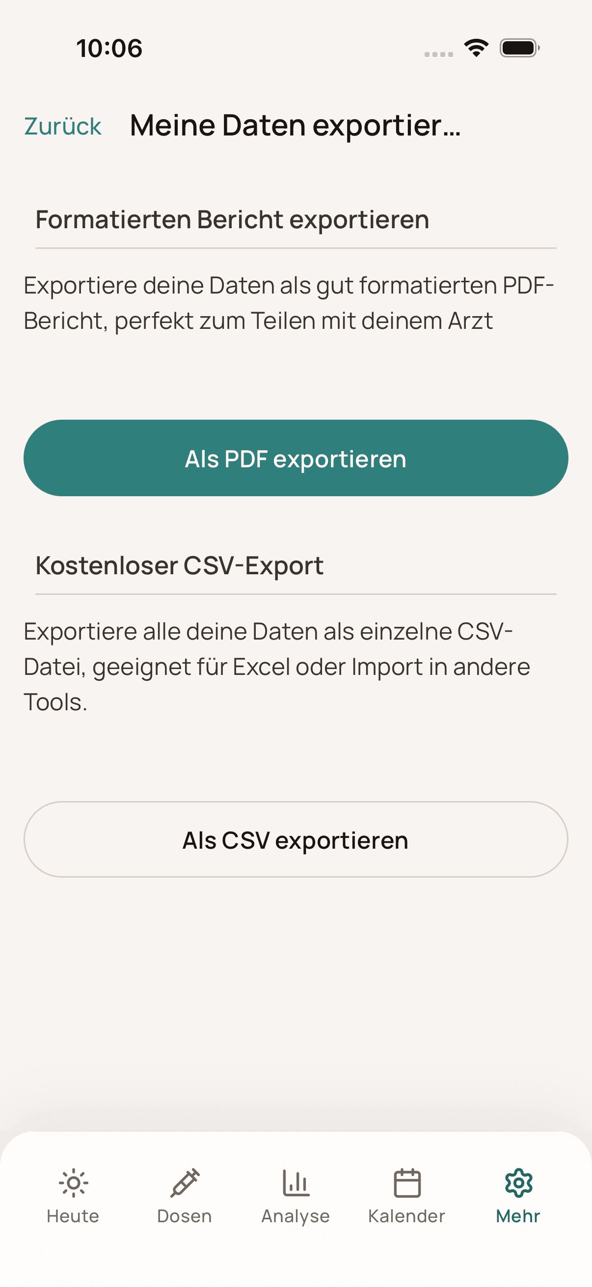 Dosio-Exportansicht auf Deutsch auf einem iPhone mit PDF- und CSV-Optionen