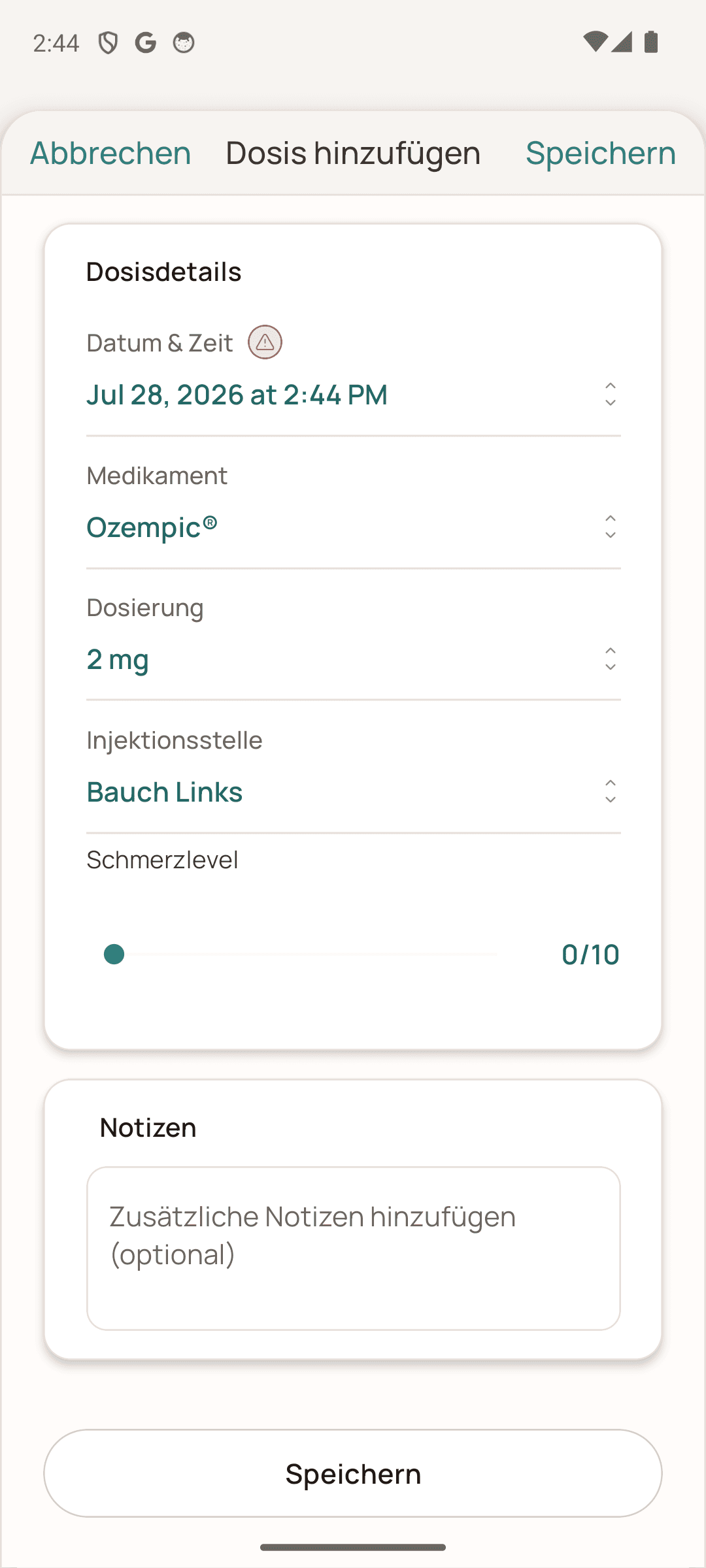 Formular zum Protokollieren einer GLP-1-Injektion auf Deutsch auf Android