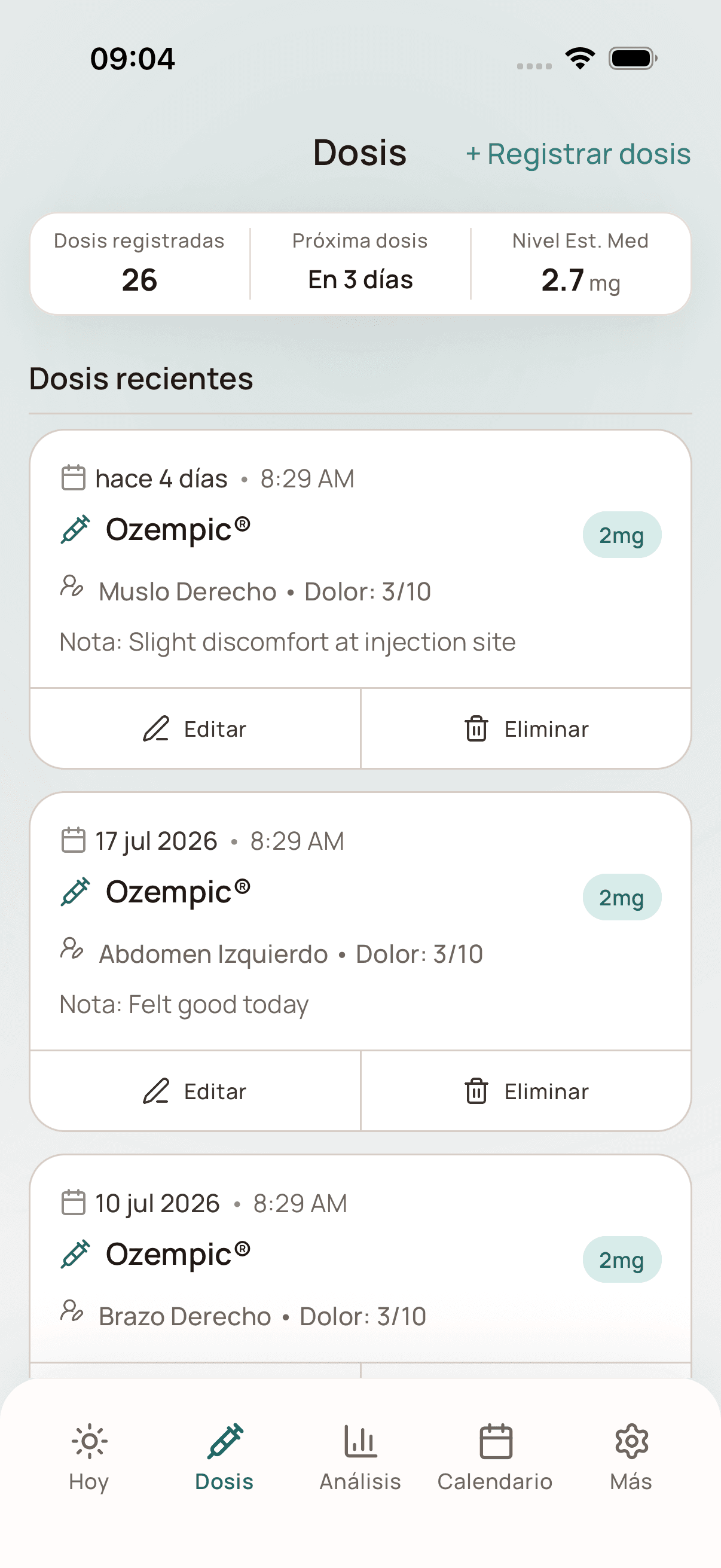 Historial de dosis. Conserva un registro completo de horarios, cantidades, zonas de inyección y notas para mantener una cronología precisa.