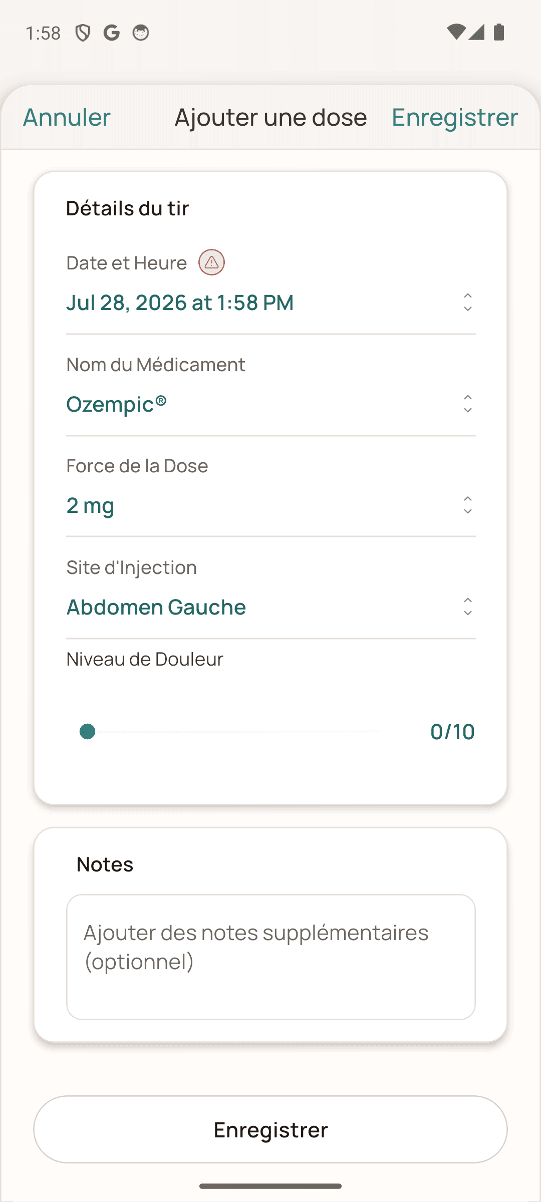 Formulaire de saisie d’une injection GLP-1 en français sur Android