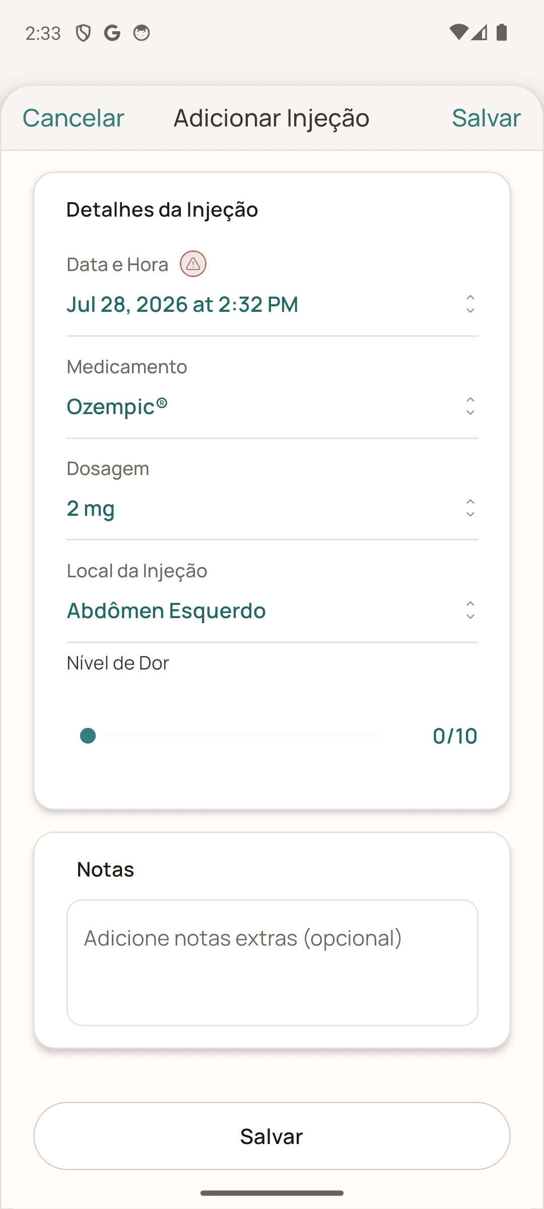 Formulário para registrar uma injeção GLP-1 em português no Android