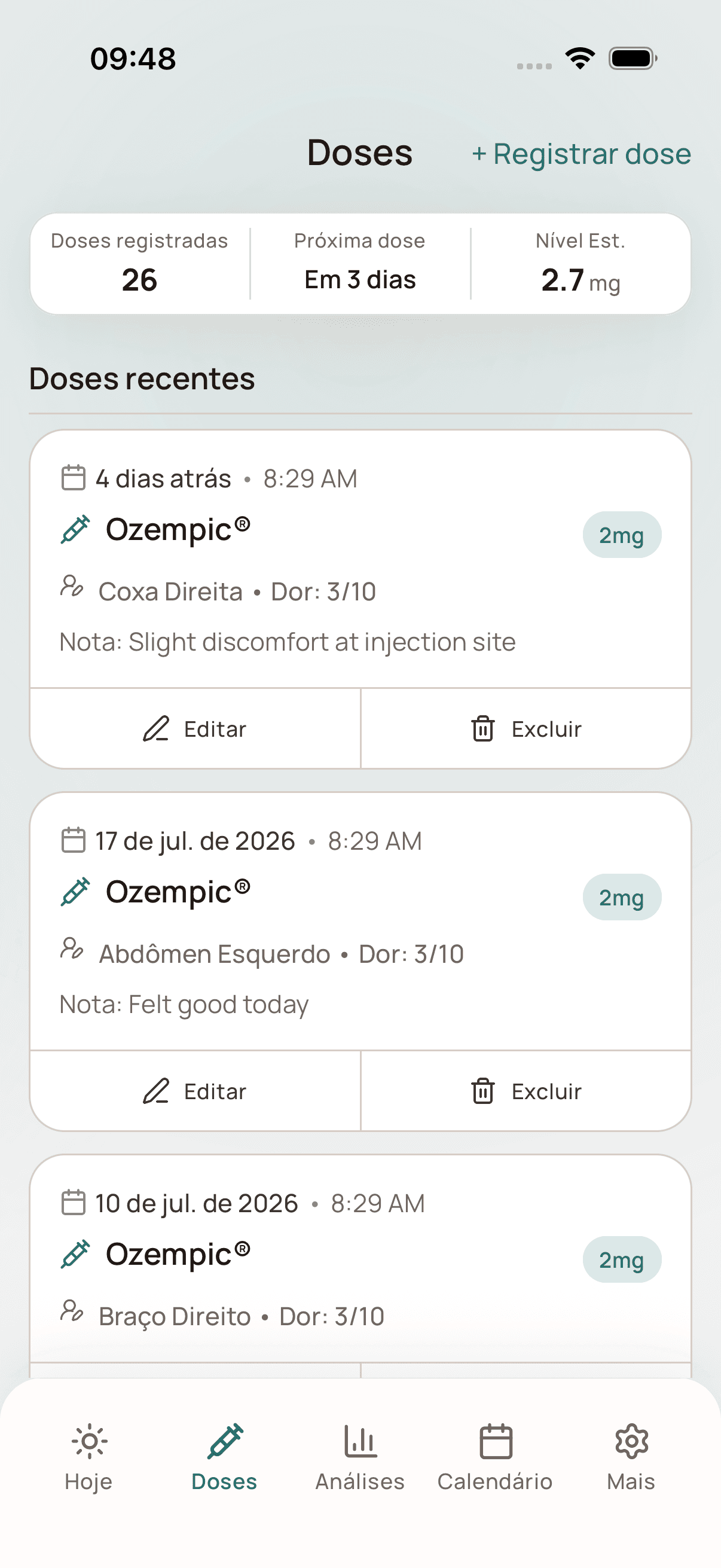 Histórico de doses do Dosio em português no iPhone