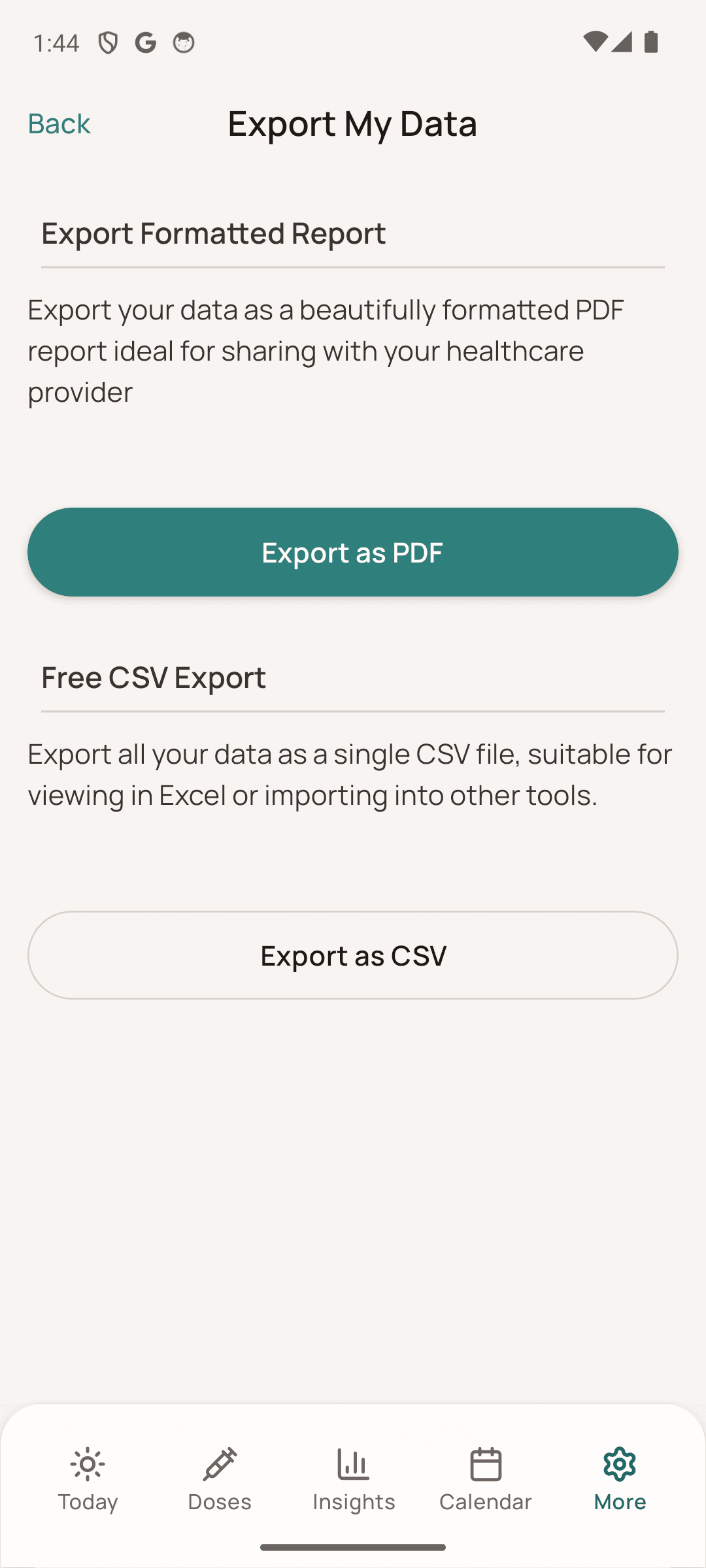 Dosio data export screen on Android with PDF report and CSV export options