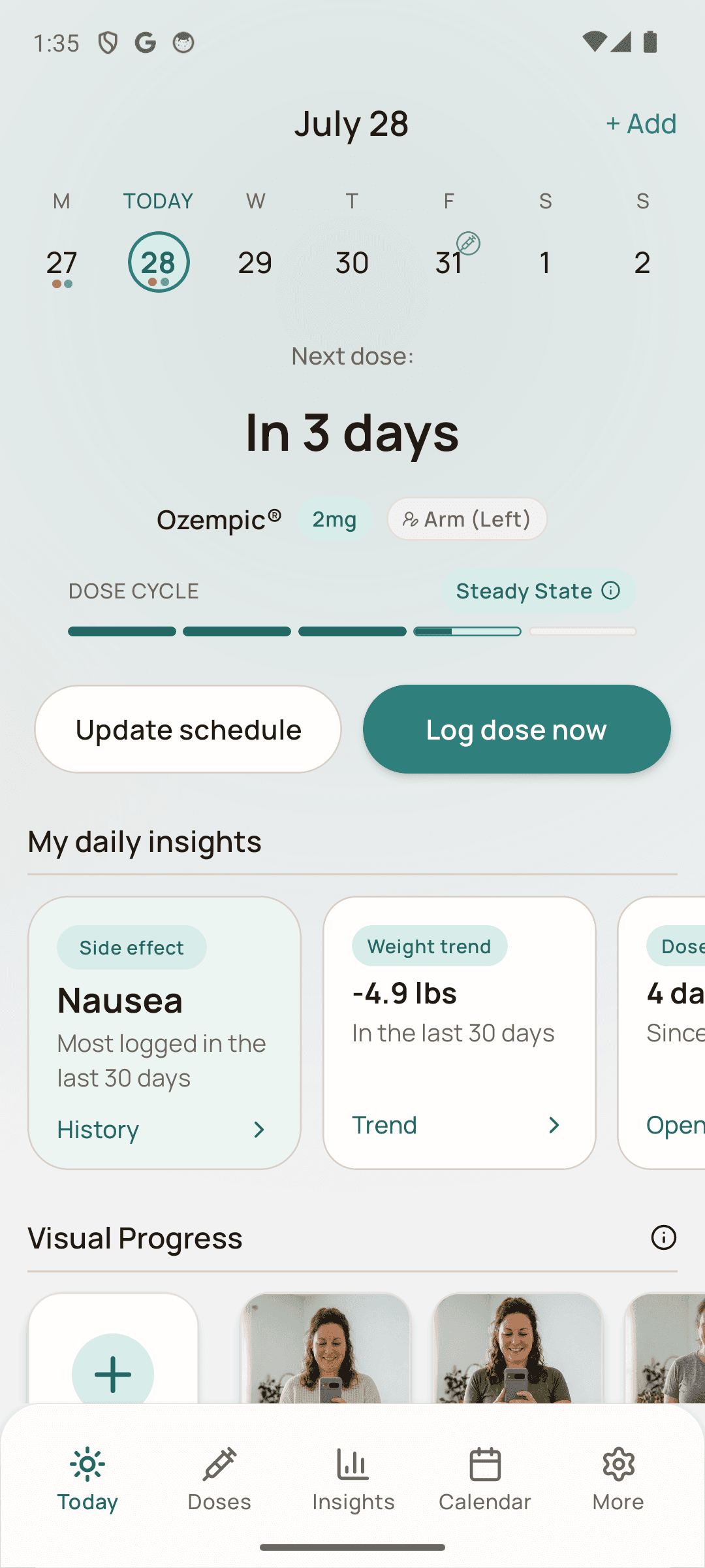 Dosio Today screen on Android with next dose, dose cycle, daily insights, and visual progress