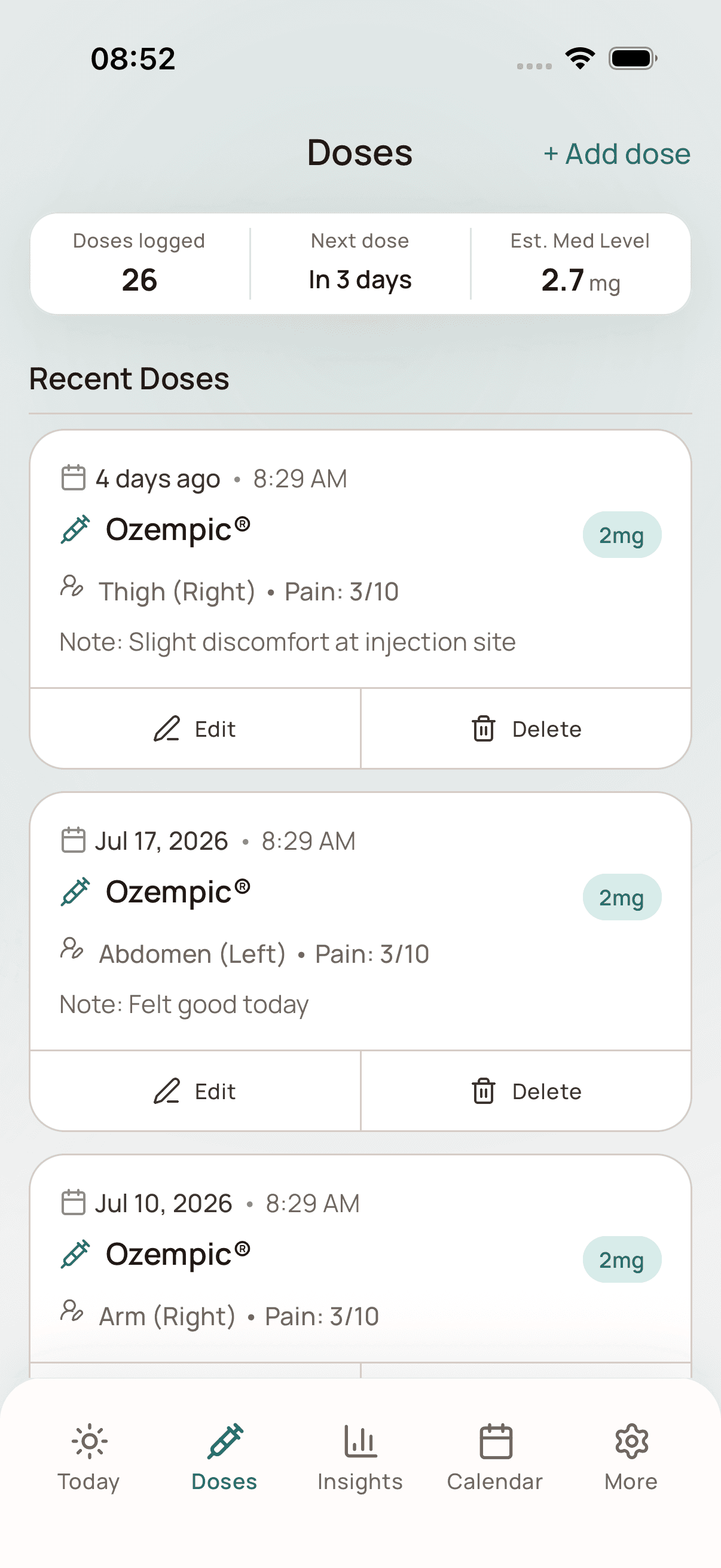 Dosio dose history on iPhone with medication, amount, injection site, pain score, and notes
