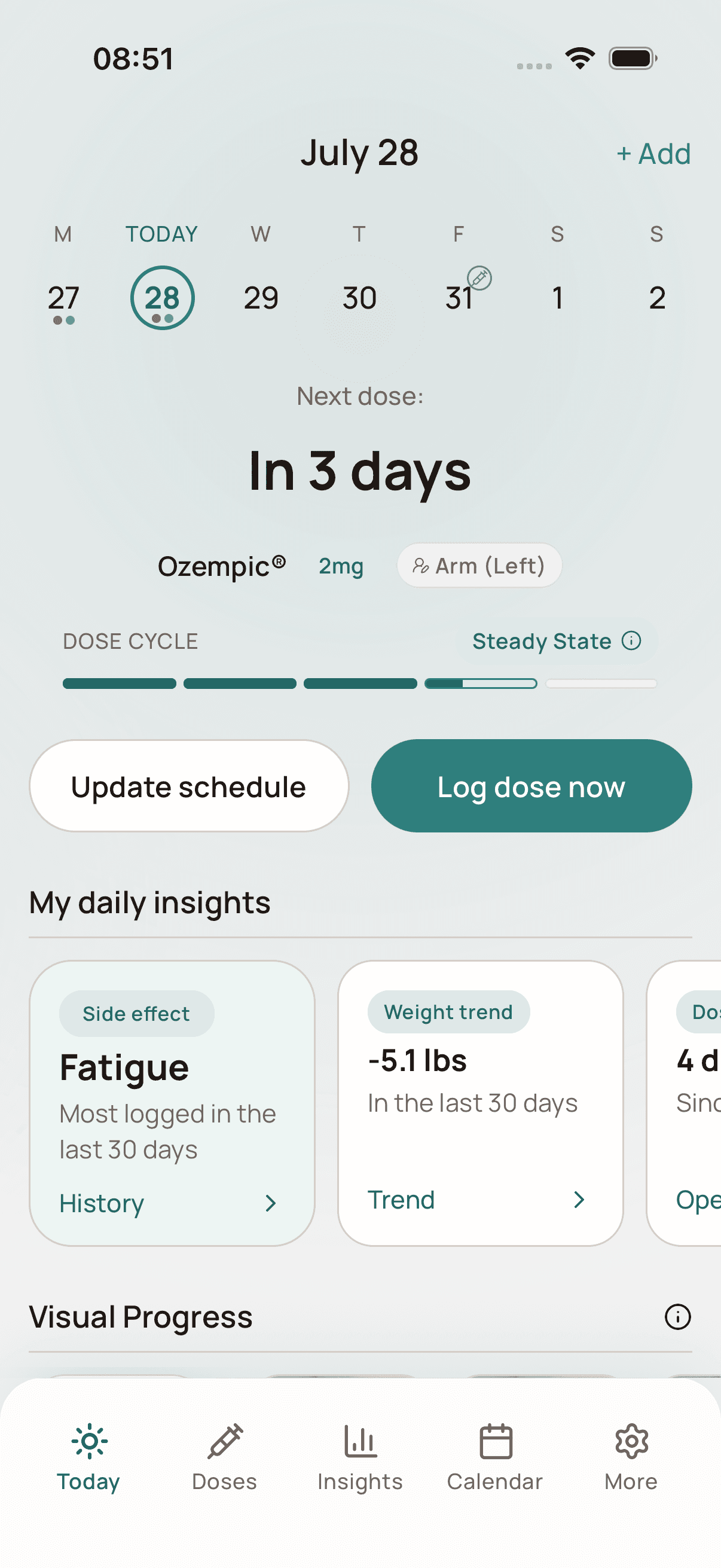 Dosio Today screen on iPhone with next dose, dose cycle, daily insights, and visual progress