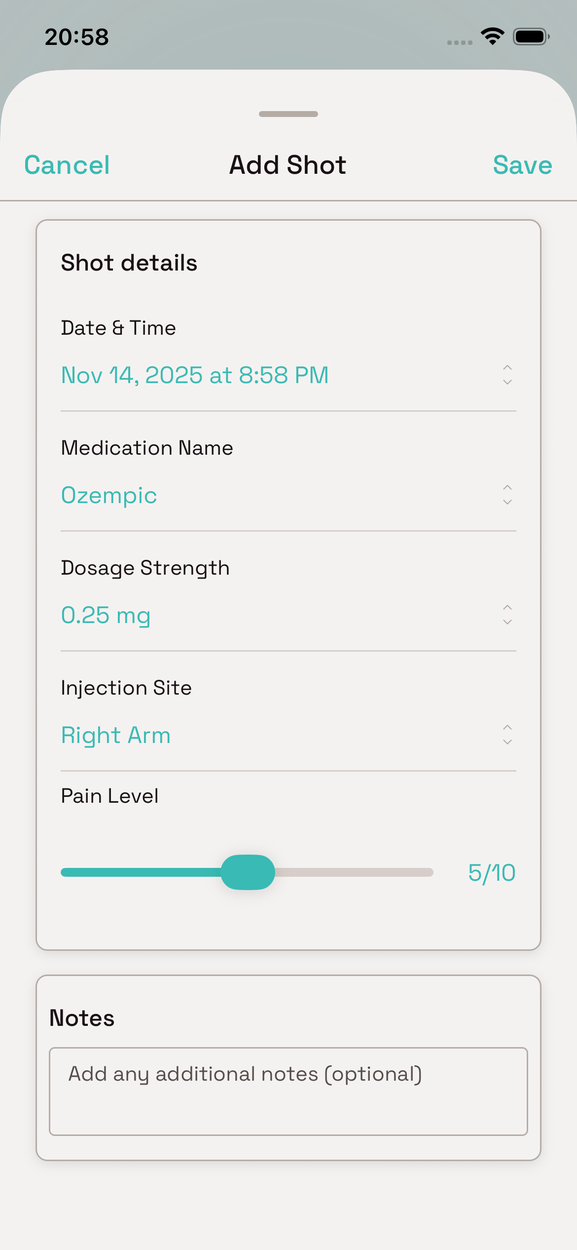 Record injection sites and dosages