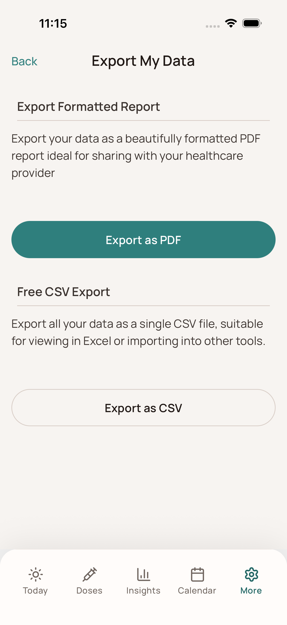 Dosio Export Data screen with PDF report and CSV export options
