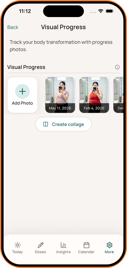 Dosio Visual Progress screen with private progress photos and collage creation